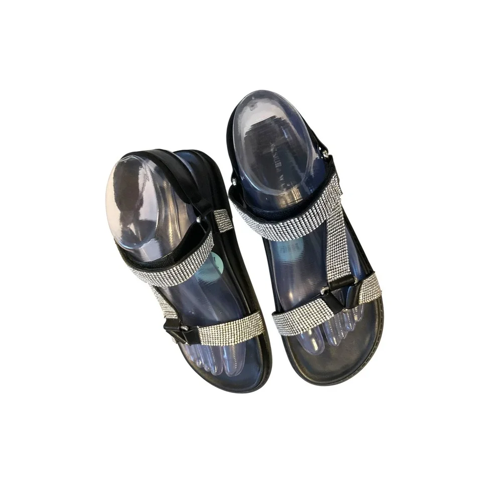 Azalea Wang Black Rhinestone‎ Embellished Flat Sandals Velcro Straps SZ 8  (#4)